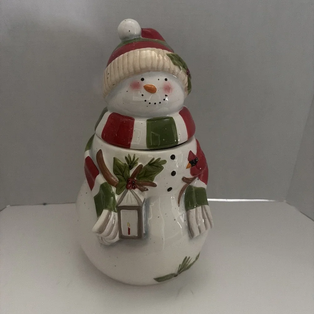 Ceramic Snowman Cookie Jar Holiday Christmas Decor Cardinal Lantern Red Green